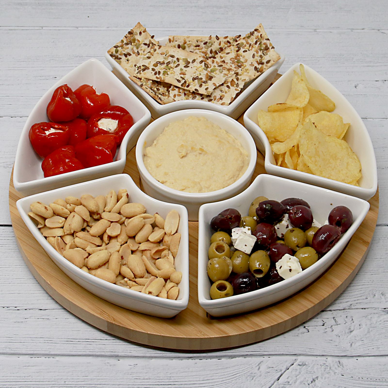 Lazy Susan Bamboo Rotating Dip Set & Ceramic Dishes | M&W	