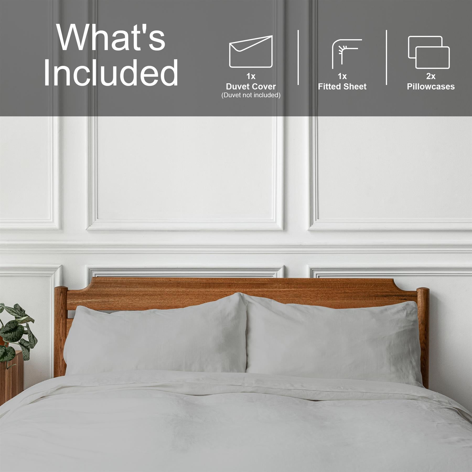 M&W 4 Piece Duvet Set with Fitted Sheet & Pillows (Light Grey, Double)