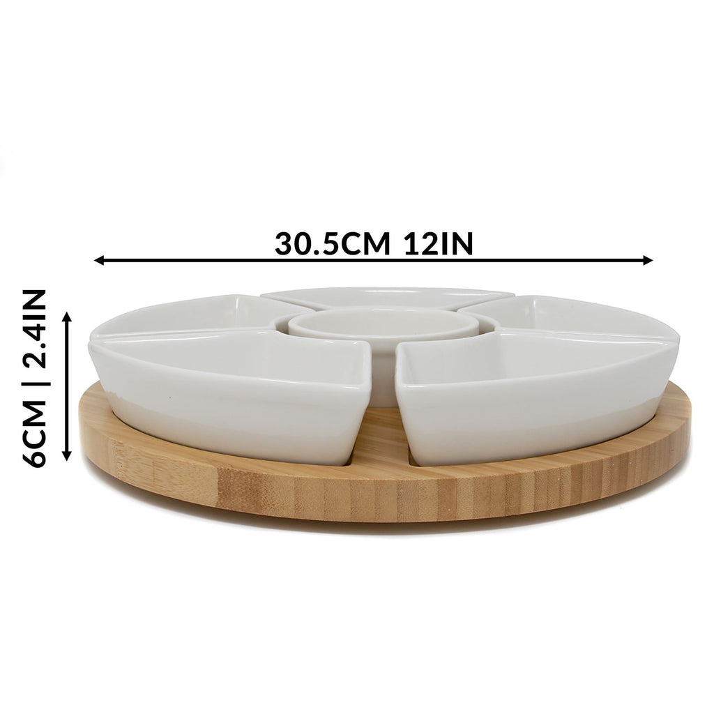 Lazy Susan Bamboo Rotating Dip Set & Ceramic Dishes | M&W	