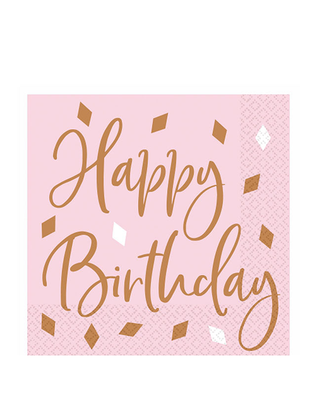 Happy Birthday Rose Gold Paper Napkins 33cm (16pk)