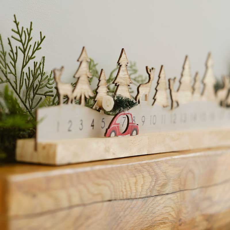Wooden Reusable Christmas Advent Calendar with Moveable Car - 64cm x 10cm
