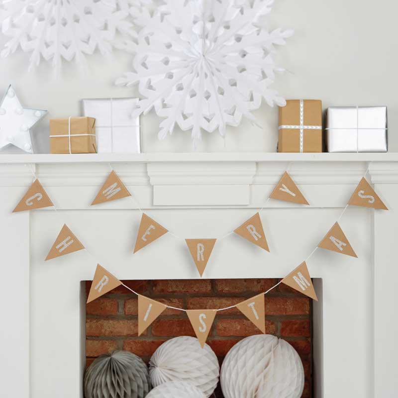 Kraft & Silver Glitter Merry Christmas Flag Bunting - 2.5m