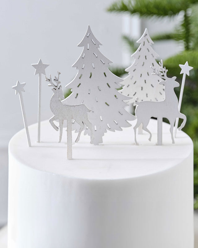 White Wood Festive Scene Cake Topper