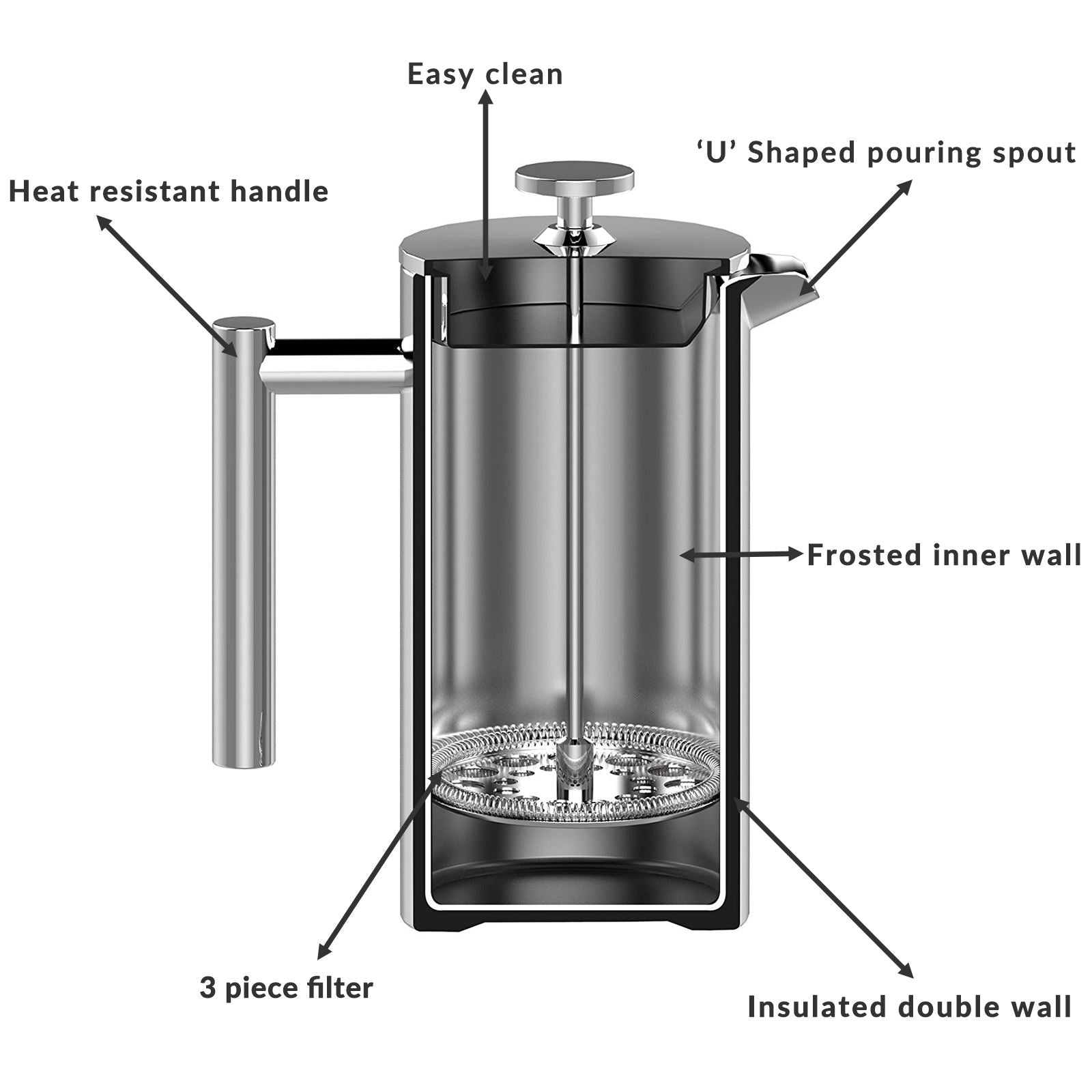 French Press Cafetiere Steel Coffee Maker 350ml | M&W	