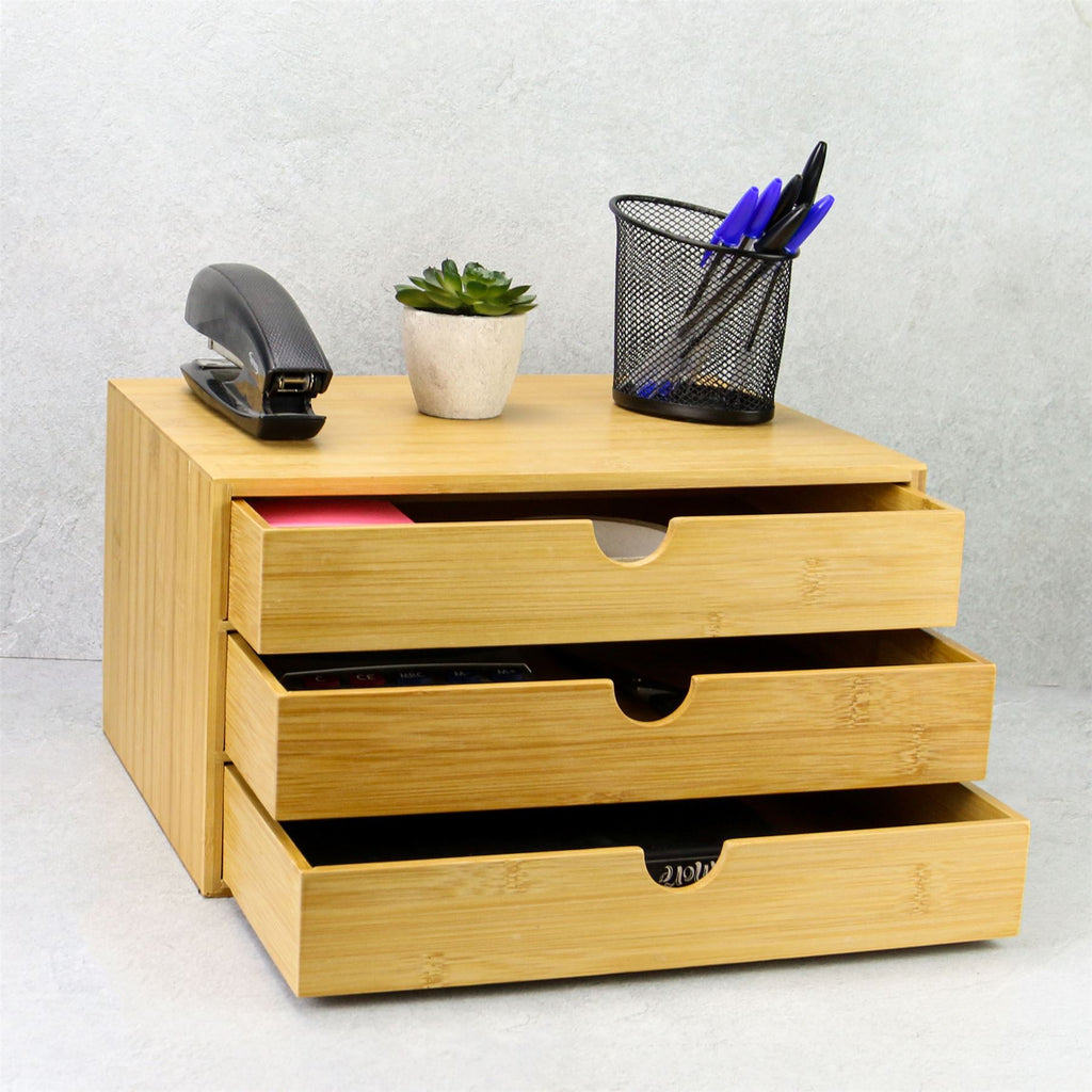 Bamboo Desktop 3 Drawer Organiser | Wide Opening | M&W	