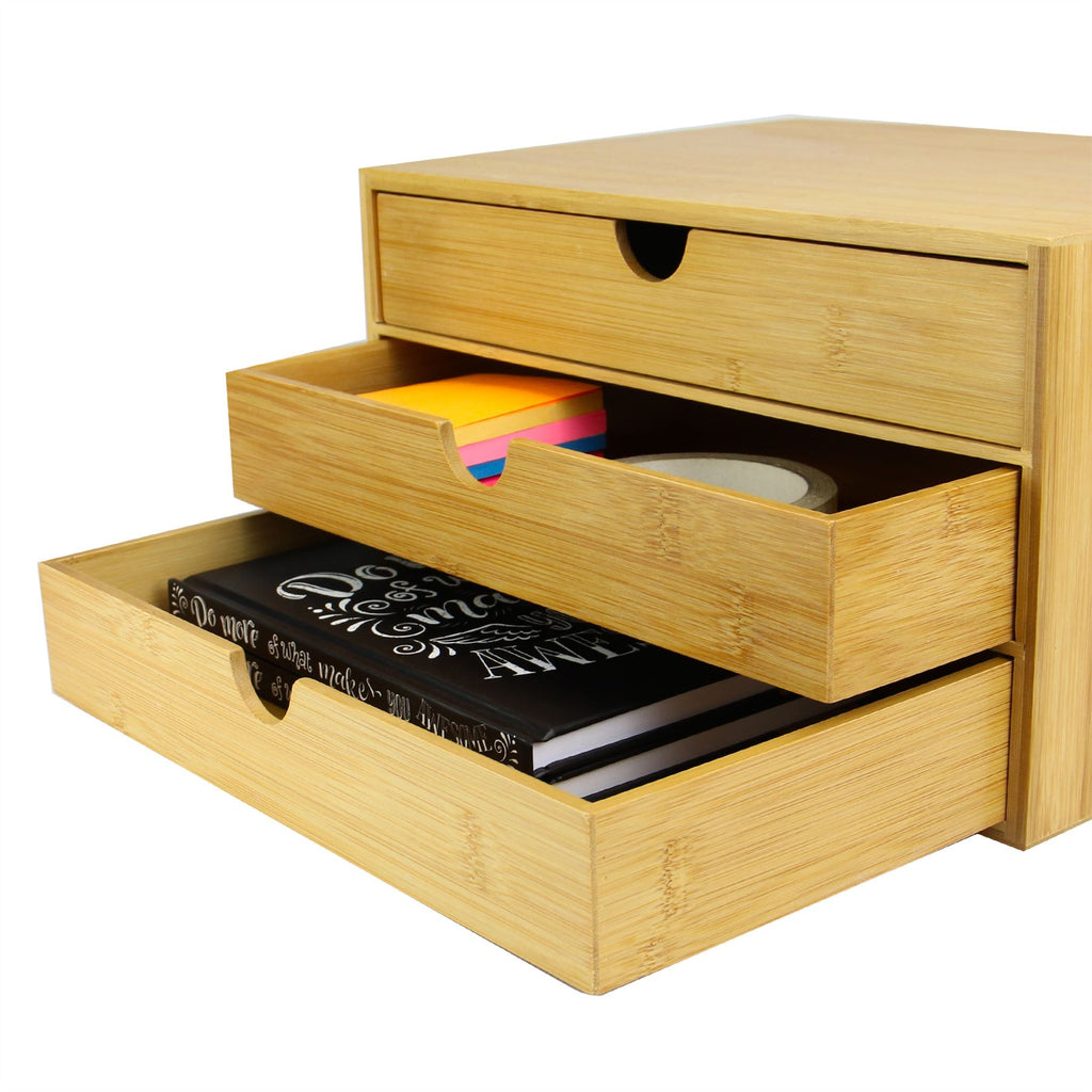 Bamboo Desktop 3 Drawer Organiser | Wide Opening | M&W	