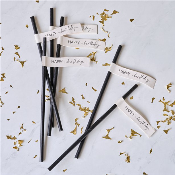 Black Happy Birthday Paper Straws (16pk)