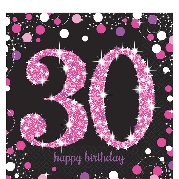 Pink Happy 30th Birthday Paper Napkins - 33cm (16pk)