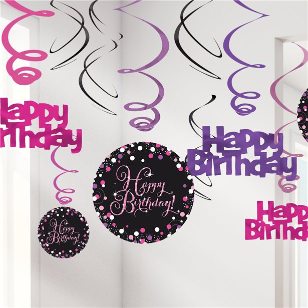 Pink Happy Birthday Hanging Swirls - 45cm (12pk)