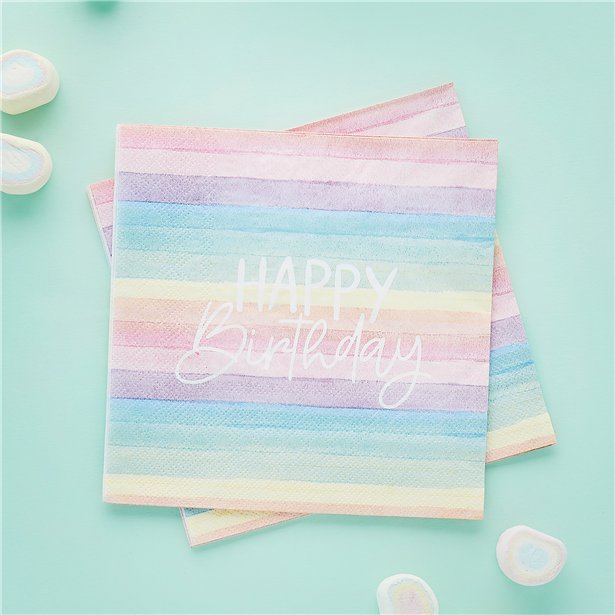Eco Pastel Rainbow Happy Birthday Paper Napkins - 33cm (16pk)