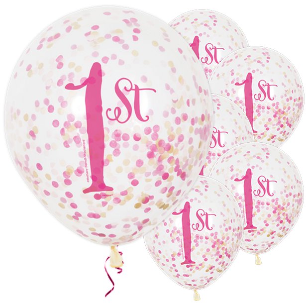 1st Birthday Pink Confetti Balloons - 12" Latex (6pk)