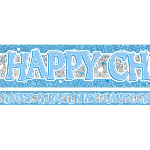 Blue 'Happy Christening' Holographic Foil Banner - 3.7m