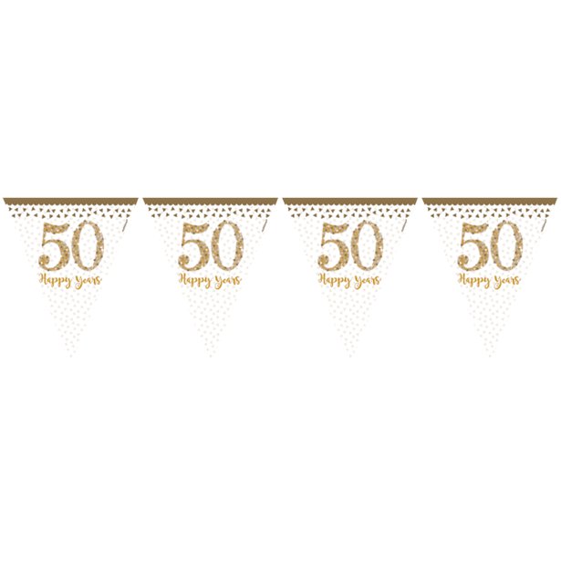 50th Gold Sparkling Wedding Anniversary Plastic Flag Bunting - 4m