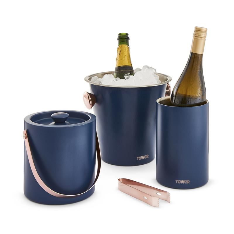 Tower Cavaletto 3 Piece Bar Set Midnight Blue & Rose Gold	