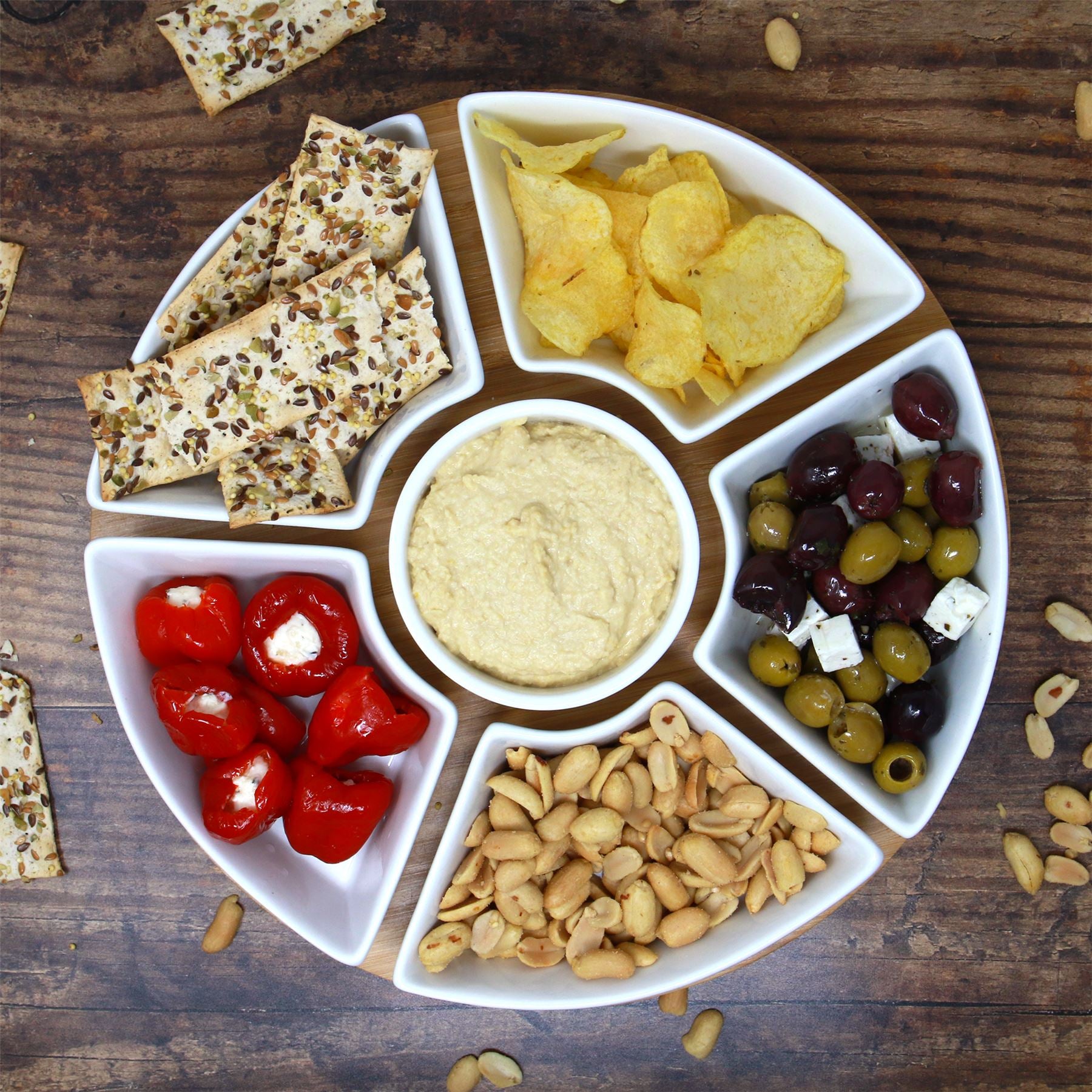 Lazy Susan Bamboo Rotating Dip Set & Ceramic Dishes | M&W	