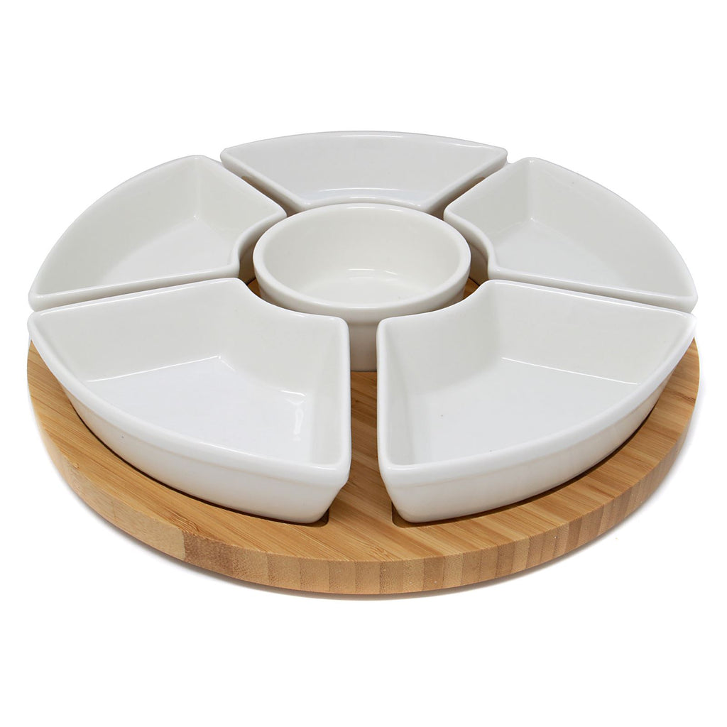Lazy Susan Bamboo Rotating Dip Set & Ceramic Dishes | M&W	