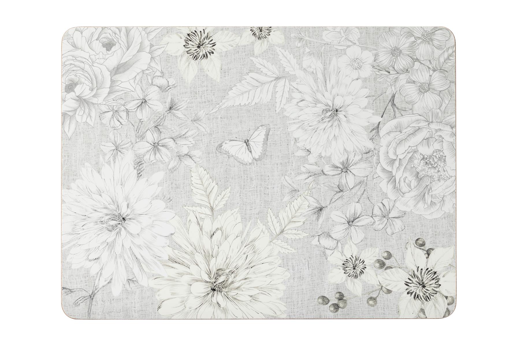 Classic Floral (Flower & Butterflies-Grey) Set Of 4 Placemats