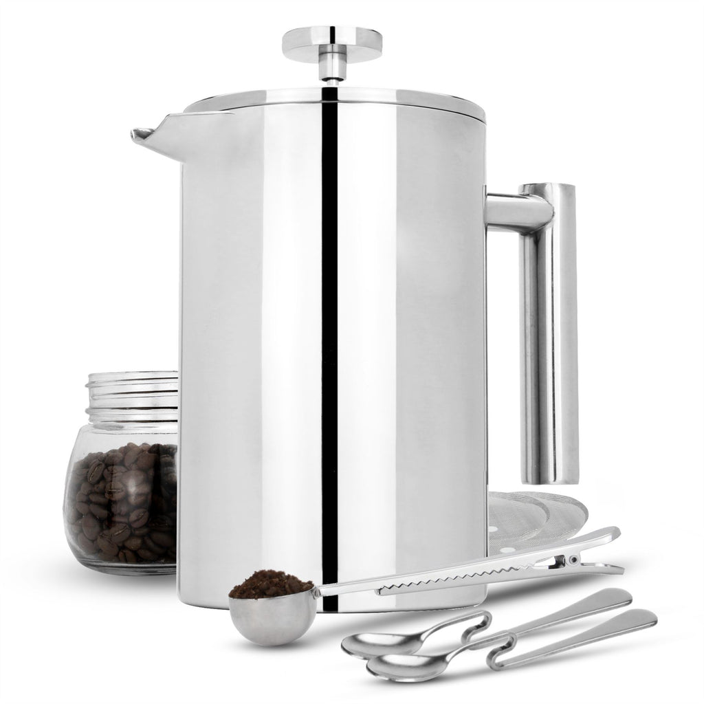 French Press Cafetiere Steel Coffee Maker FREE Filters & Spoons 1500ml | M&W	