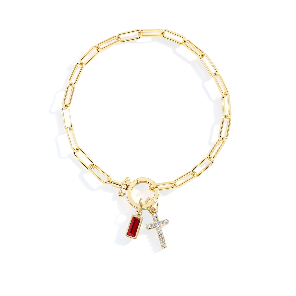 Cross Charm Birthstone Paperclip Bracelet