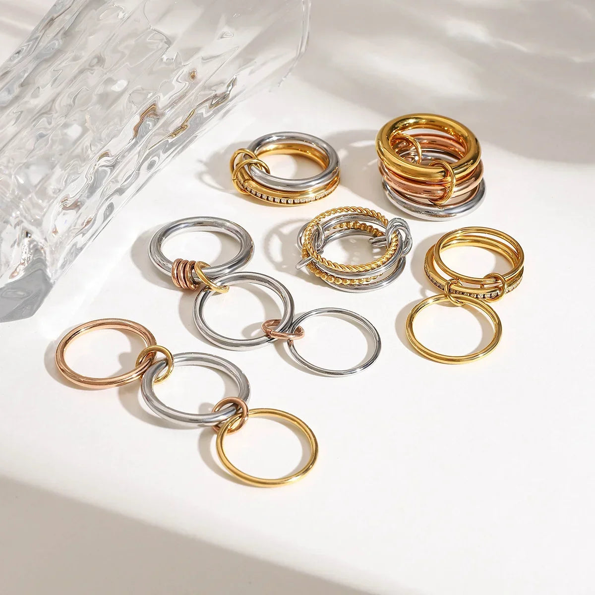 18K Elegant Gold&Bronze&Silver Stacked Rings