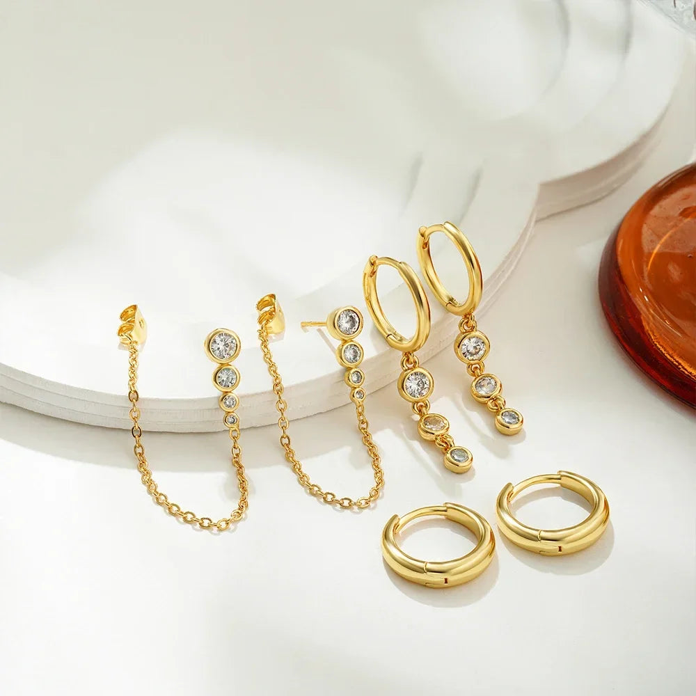 18K Gold Plated 3-Piece Earring Set with Zircon Crystals