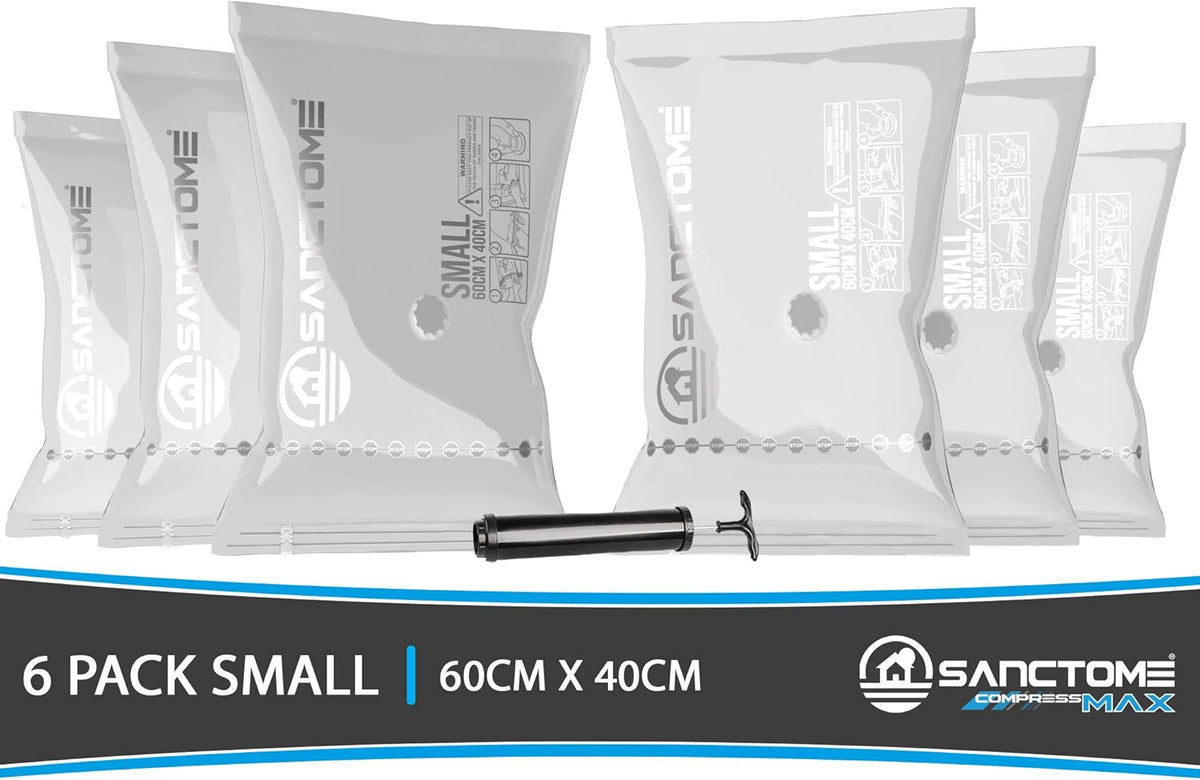 SANCTOME Pack of 6 Small Deluxe Vacuum Storage Bags With Travel Hand Pump	