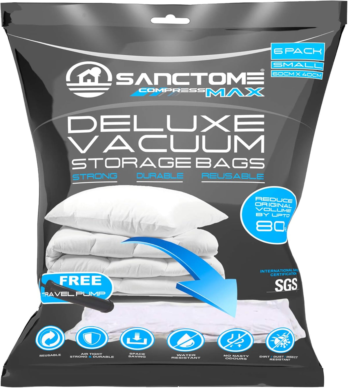 SANCTOME Pack of 6 Small Deluxe Vacuum Storage Bags With Travel Hand Pump	