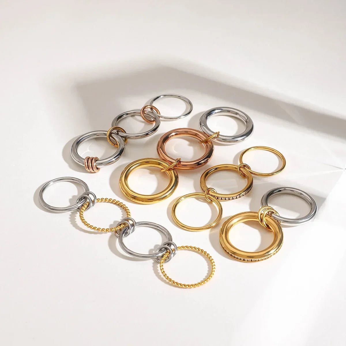 18K Elegant Gold&Bronze&Silver Stacked Rings
