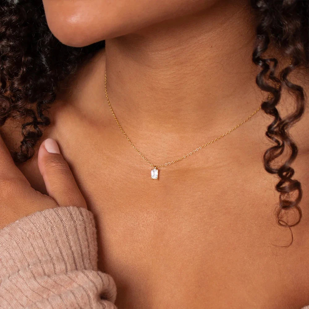 Elegant Rectangular Zirconia Pendant Necklace – Gold & Silver