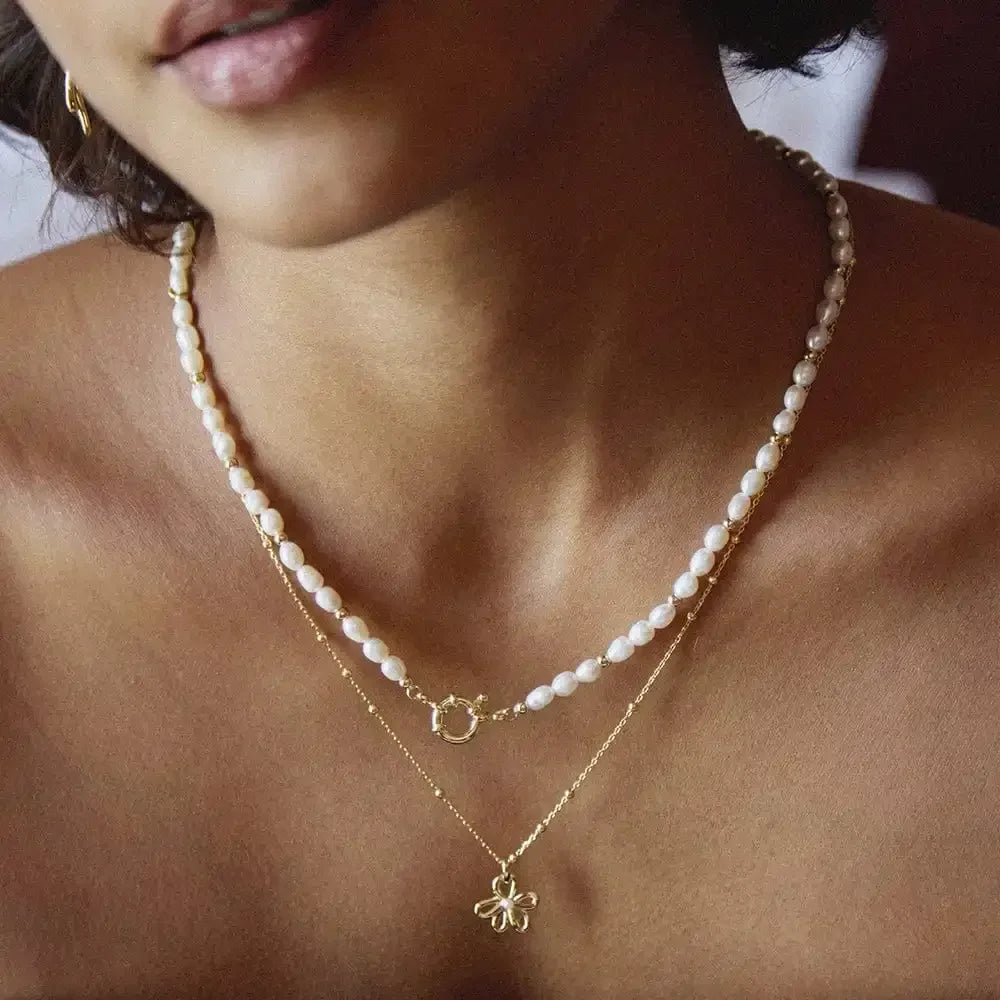 18K Gold Plated Flower Necklace with Pearl