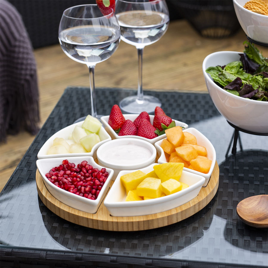 Lazy Susan Bamboo Rotating Dip Set & Ceramic Dishes | M&W	