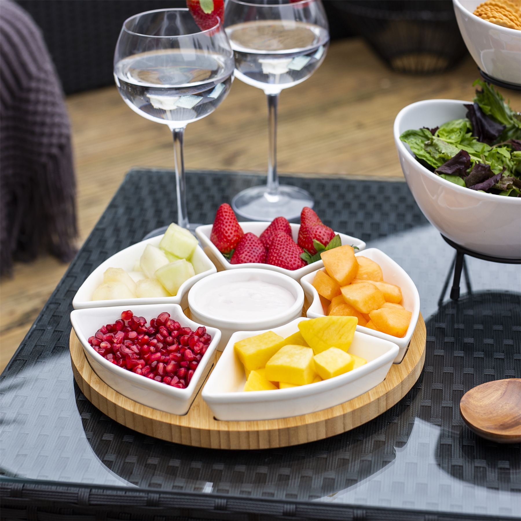 Lazy Susan Bamboo Rotating Dip Set & Ceramic Dishes | M&W	
