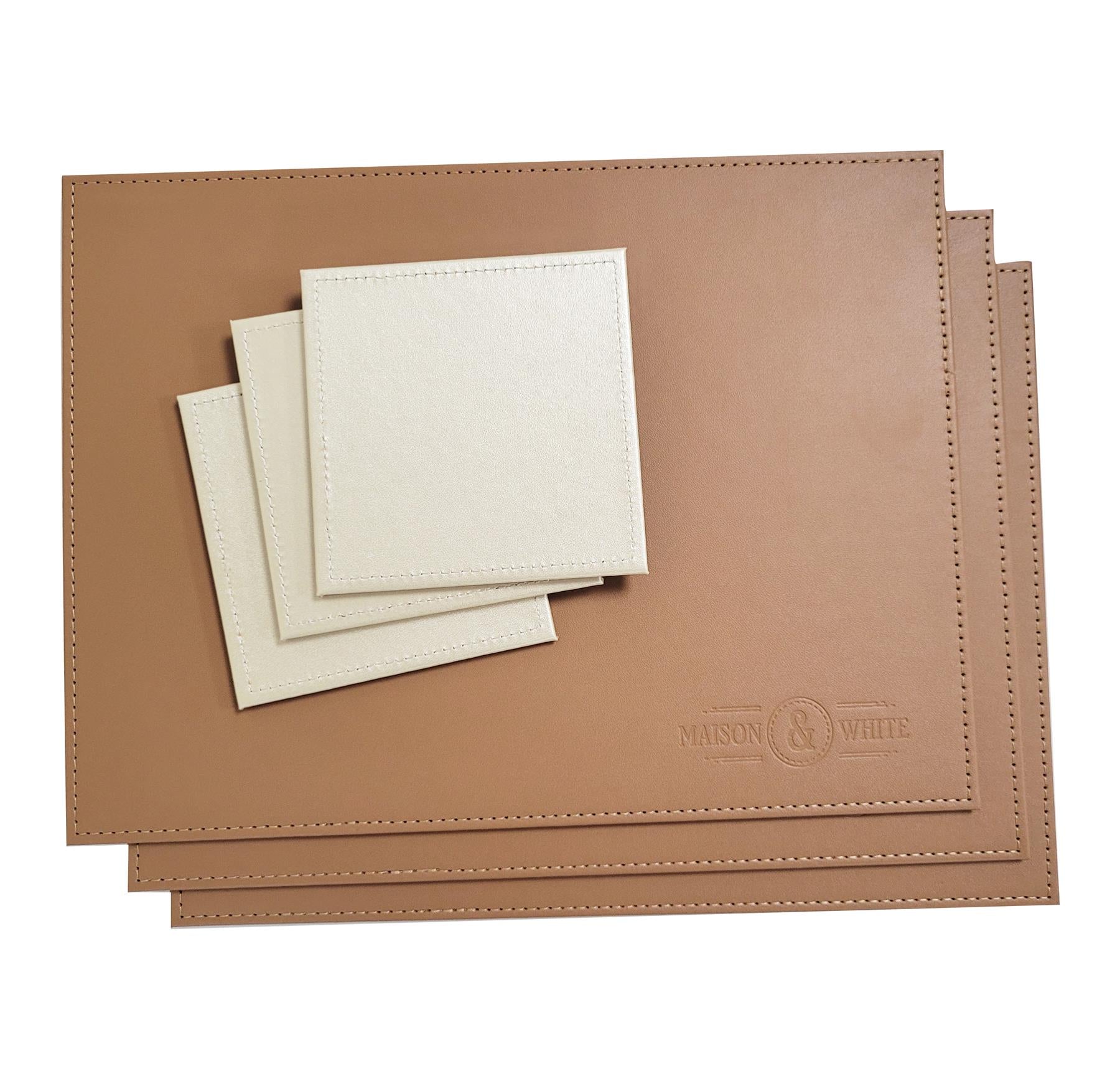 Faux Leather Placemats & Coaster Table Set Brown - 12 Piece | M&W	