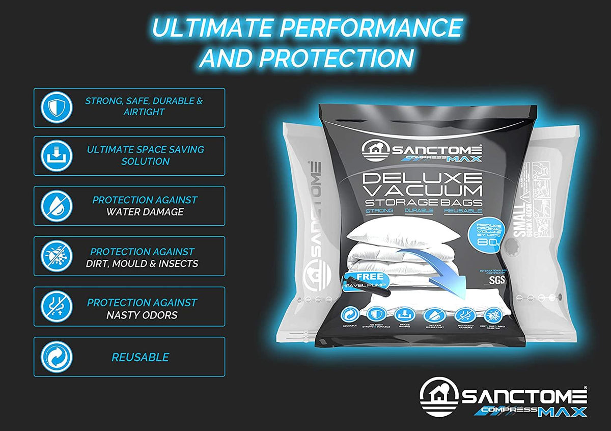 SANCTOME Pack of 6 Small Deluxe Vacuum Storage Bags With Travel Hand Pump	