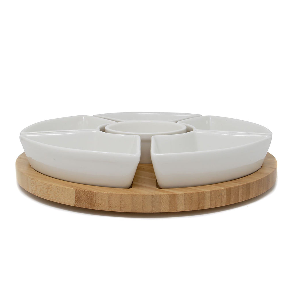 Lazy Susan Bamboo Rotating Dip Set & Ceramic Dishes | M&W	