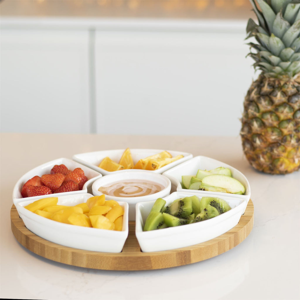 Lazy Susan Bamboo Rotating Dip Set & Ceramic Dishes | M&W	