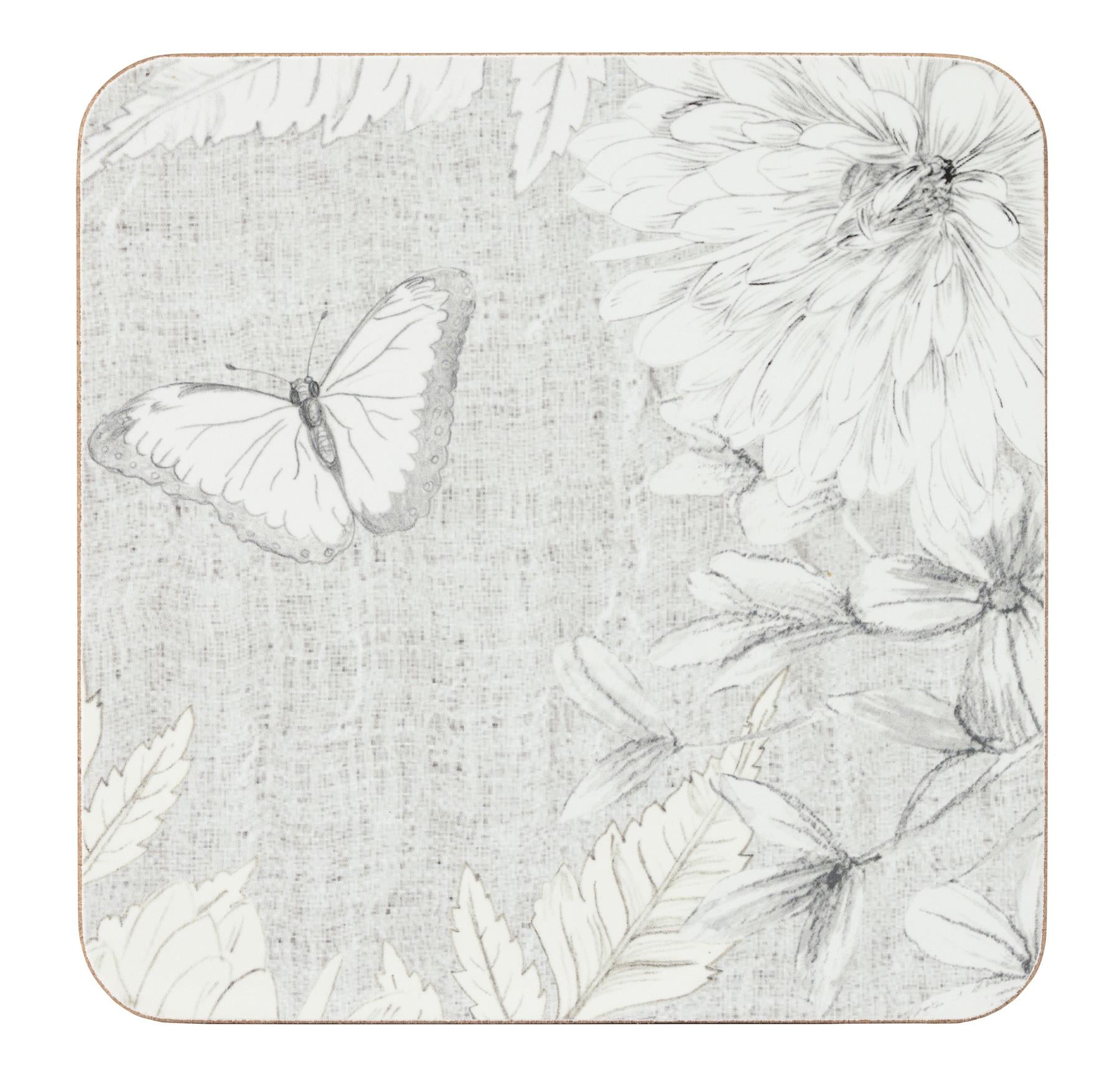 Classic Floral & Butterfly Grey Set Of 4 Coasters