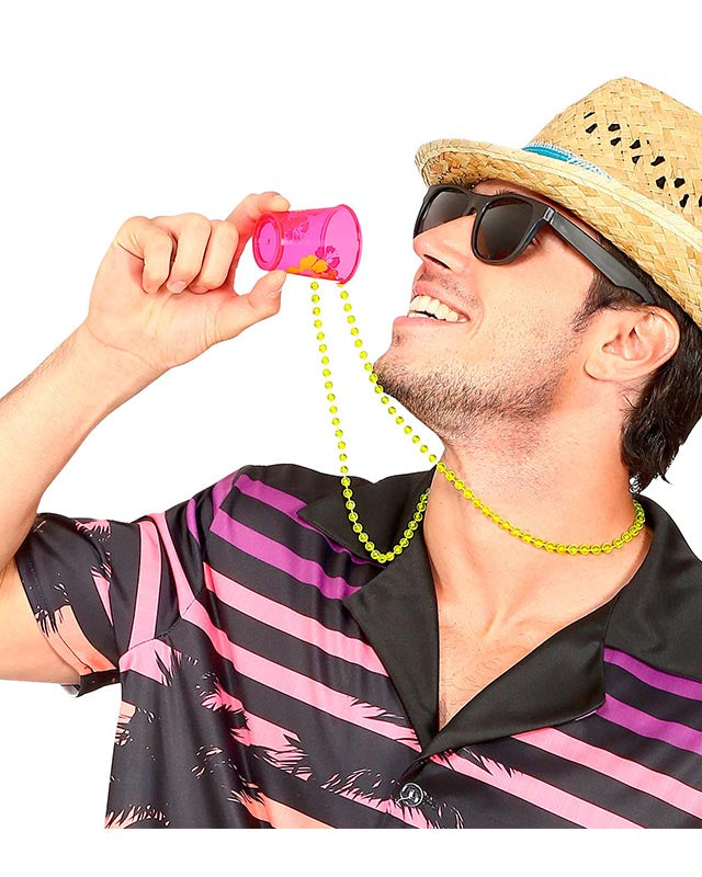 Neon Pink Hibiscus Shot Glass Beaded Necklace