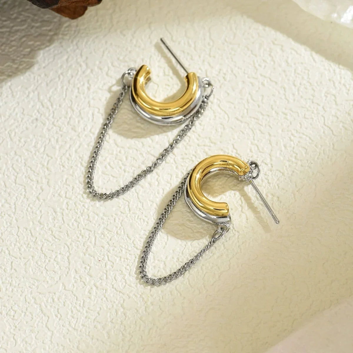 Dual Tone Chain Hoop Earrings