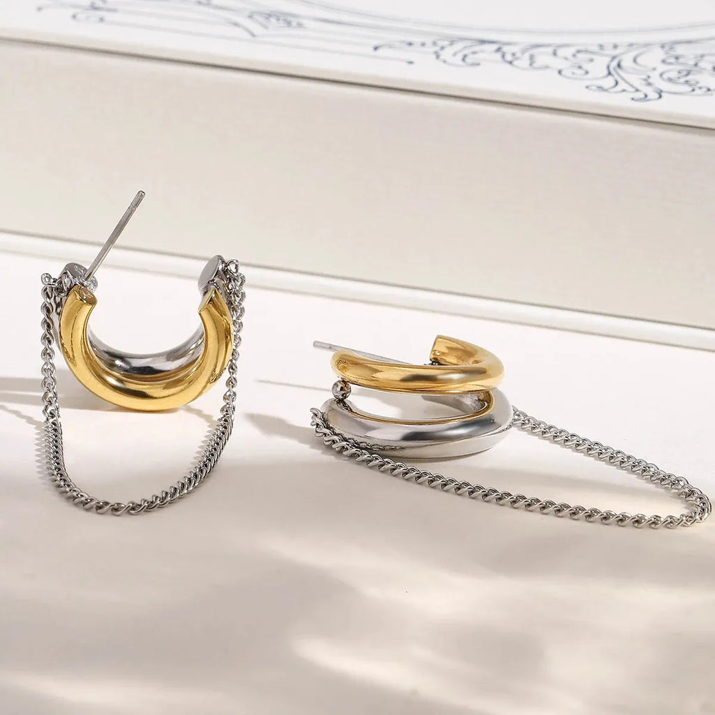 Dual Tone Chain Hoop Earrings